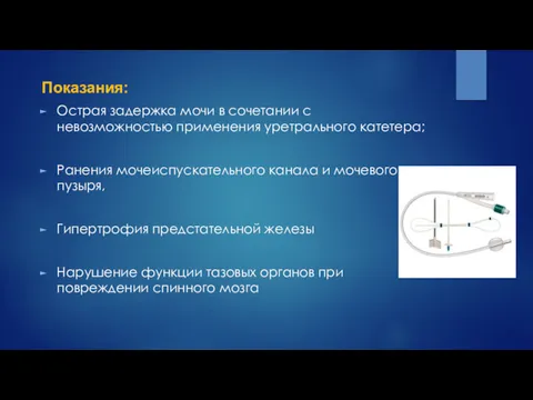 Показания: Острая задержка мочи в сочетании с невозможностью применения уретрального