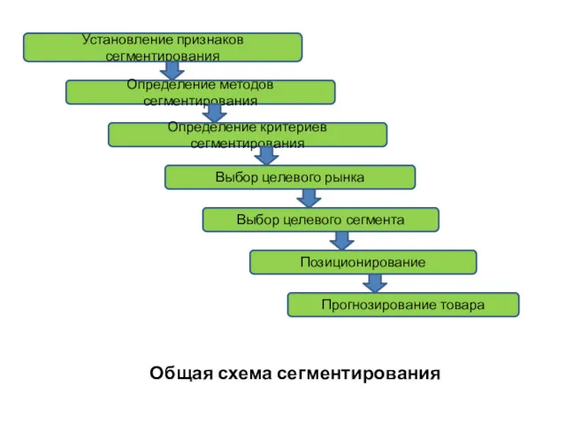 Установление признаков сегментирования Определение методов сегментирования Определение критериев сегментирования Выбор