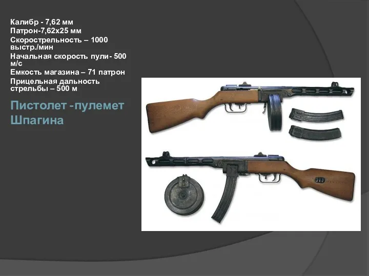 Пистолет -пулемет Шпагина Калибр - 7,62 мм Патрон-7,62х25 мм Скорострельность