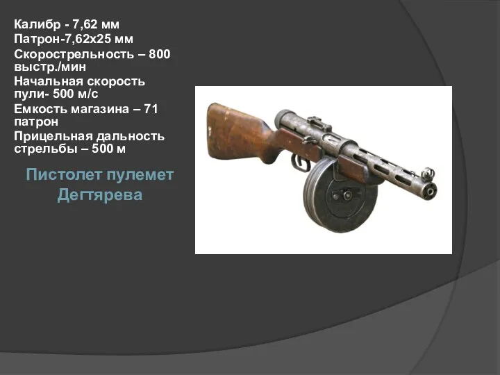 Пистолет пулемет Дегтярева Калибр - 7,62 мм Патрон-7,62х25 мм Скорострельность