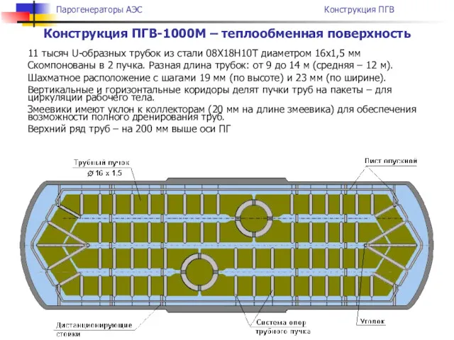 Конструкция ПГВ-1000М – теплообменная поверхность 11 тысяч U-образных трубок из стали 08Х18Н10Т диаметром
