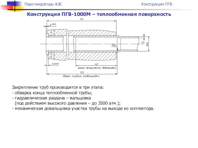 Конструкция ПГВ-1000М – теплообменная поверхность Закрепление труб производится в три этапа: - обварка
