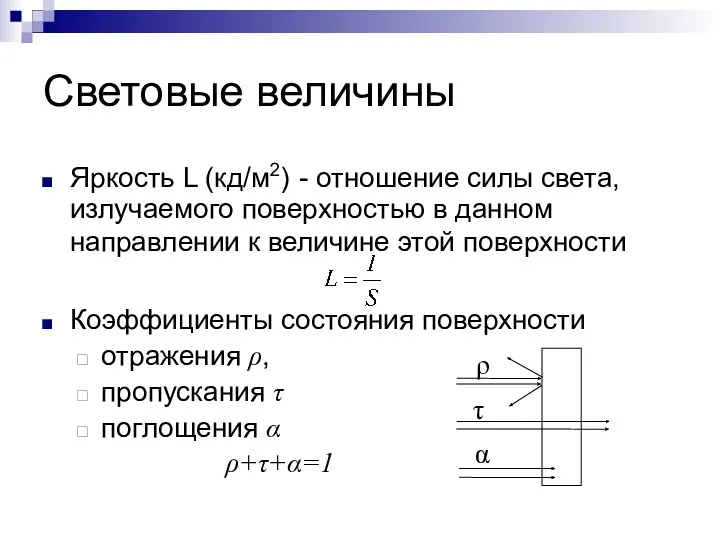 Световые величины Яркость L (кд/м2) - отношение силы света, излучаемого