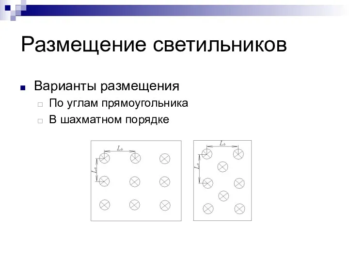 Размещение светильников Варианты размещения По углам прямоугольника В шахматном порядке