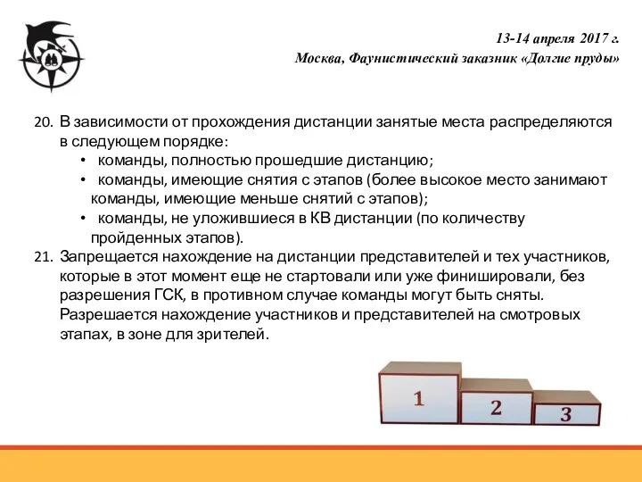 20. В зависимости от прохождения дистанции занятые места распределяются в