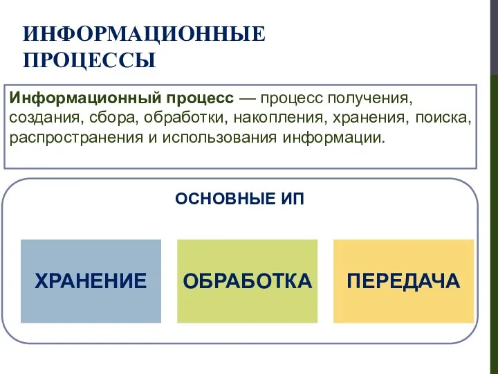 ИНФОРМАЦИОННЫЕ ПРОЦЕССЫ Информационный процесс — процесс получения, создания, сбора, обработки,