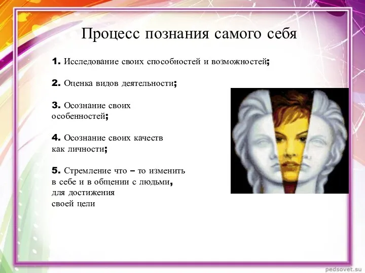 Процесс познания самого себя 1. Исследование своих способностей и возможностей;