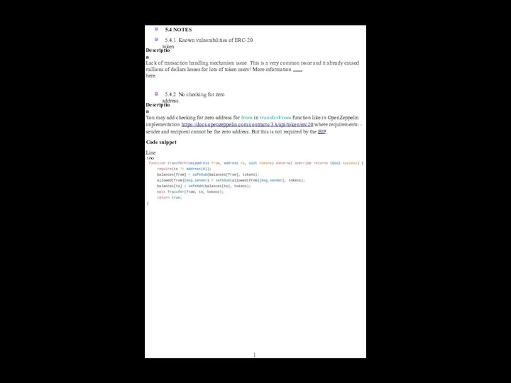 5.4 NOTES 5.4.1 Known vulnerabilities of ERC-20 token Description Lack