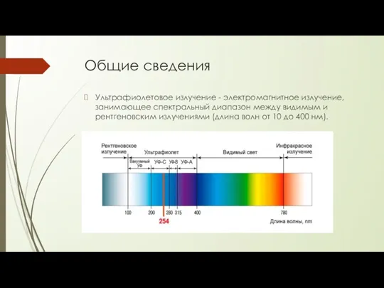 Общие сведения Ультрафиолетовое излучение - электромагнитное излучение, занимающее спектральный диапазон