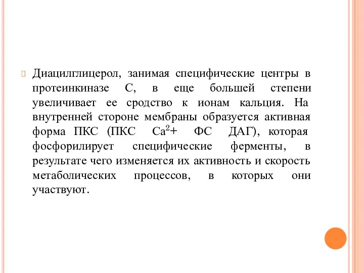 Диацилглицерол, занимая специфические центры в протеинкиназе С, в еще большей