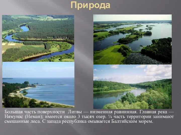 Природа Большая часть поверхности Литвы — низменная равнинная. Главная река