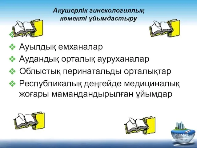 Акушерлік гинекологиялық көмекті ұйымдастыру ФАП Ауылдық емханалар Аудандық орталық ауруханалар