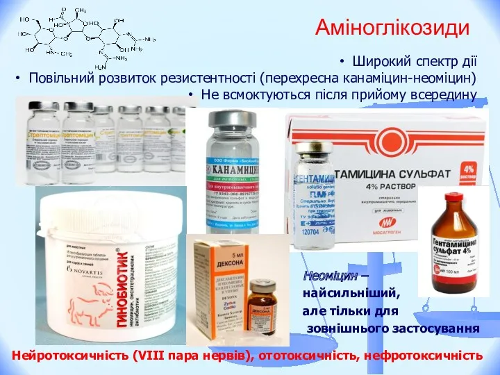 Аміноглікозиди Неоміцин – найсильніший, але тільки для зовнішнього застосування Широкий