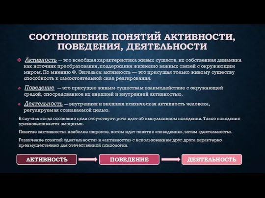 СООТНОШЕНИЕ ПОНЯТИЙ АКТИВНОСТИ, ПОВЕДЕНИЯ, ДЕЯТЕЛЬНОСТИ Активность — это всеобщая характеристика