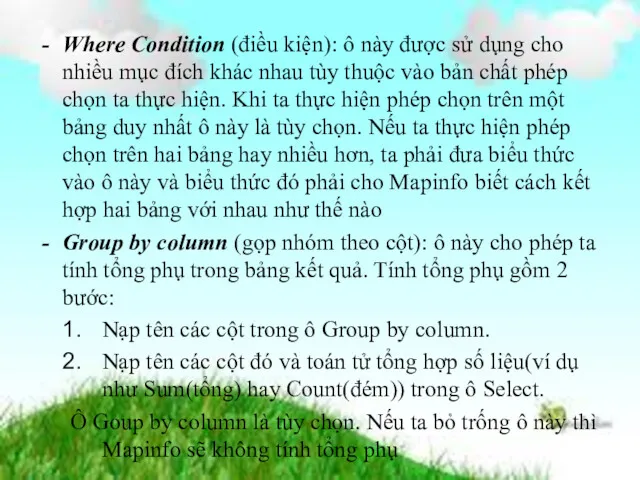 Where Condition (điều kiện): ô này được sử dụng cho