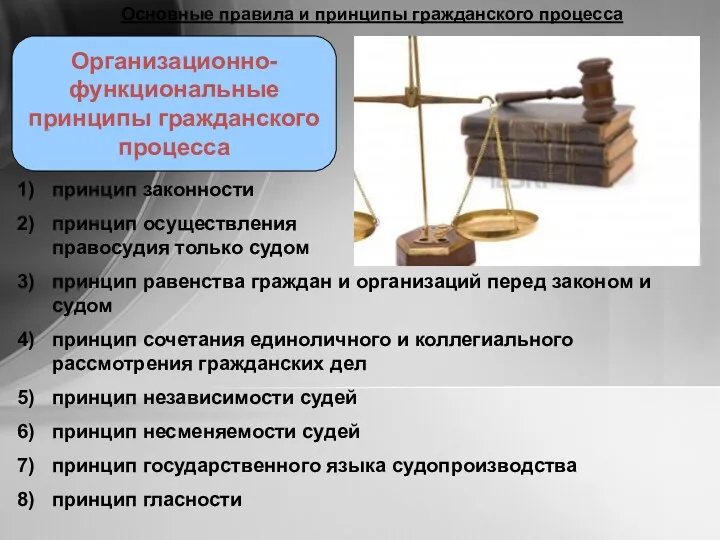 Основные правила и принципы гражданского процесса Организационно-функциональные принципы гражданского процесса принцип законности принцип