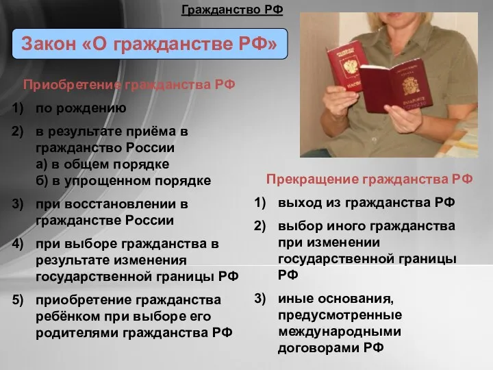 Гражданство РФ Закон «О гражданстве РФ» Приобретение гражданства РФ по рождению в результате