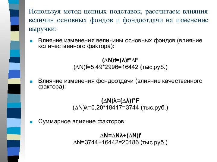 Используя метод цепных подставок, рассчитаем влияния величин основных фондов и