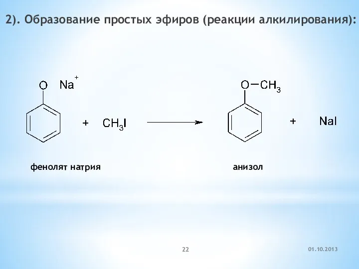 2). Образование простых эфиров (реакции алкилирования): фенолят натрия анизол 01.10.2013