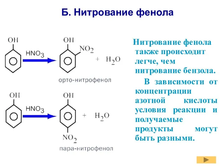 Б. Нитрование фенола Нитрование фенола также происходит легче, чем нитрование