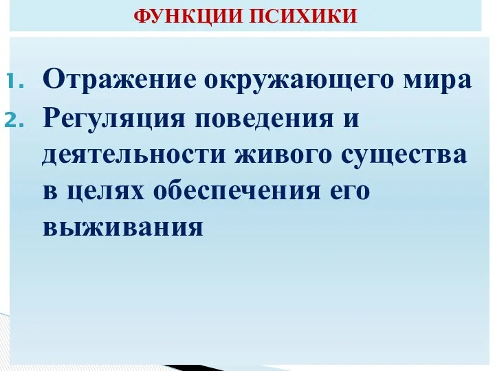 Отражение окружающего мира Регуляция поведения и деятельности живого существа в целях обеспечения его выживания ФУНКЦИИ ПСИХИКИ