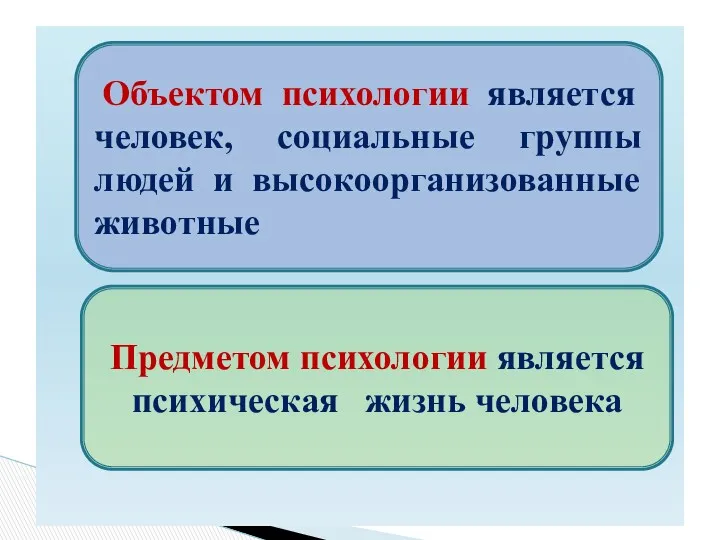 Объектом психологии является человек, социальные группы людей и высокоорганизованные животные Предметом психологии является психическая жизнь человека