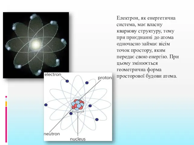 Електрон, як енергетична система, має власну кваркову структуру, тому при приєднанні до атома