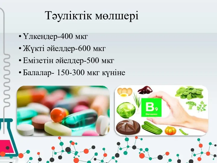 Тәуліктік мөлшері Үлкендер-400 мкг Жүкті әйелдер-600 мкг Емізетін әйелдер-500 мкг Балалар- 150-300 мкг күніне