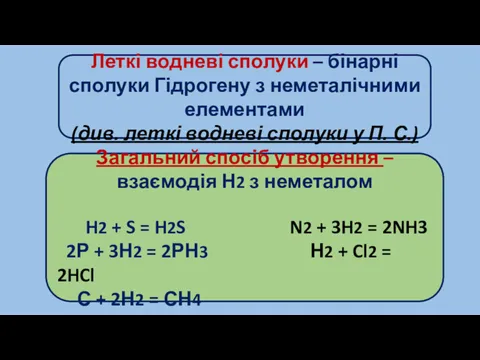 Леткі водневі сполуки – бінарні сполуки Гідрогену з неметалічними елементами