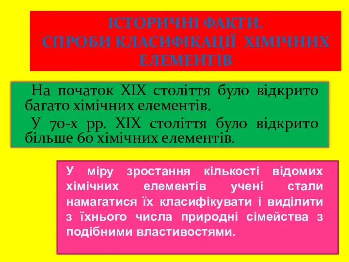 ІСТОРИЧНІ ФАКТИ. СПРОБИ КЛАСИФІКАЦІЇ ХІМІЧНИХ ЕЛЕМЕНТІВ На початок ХІХ століття