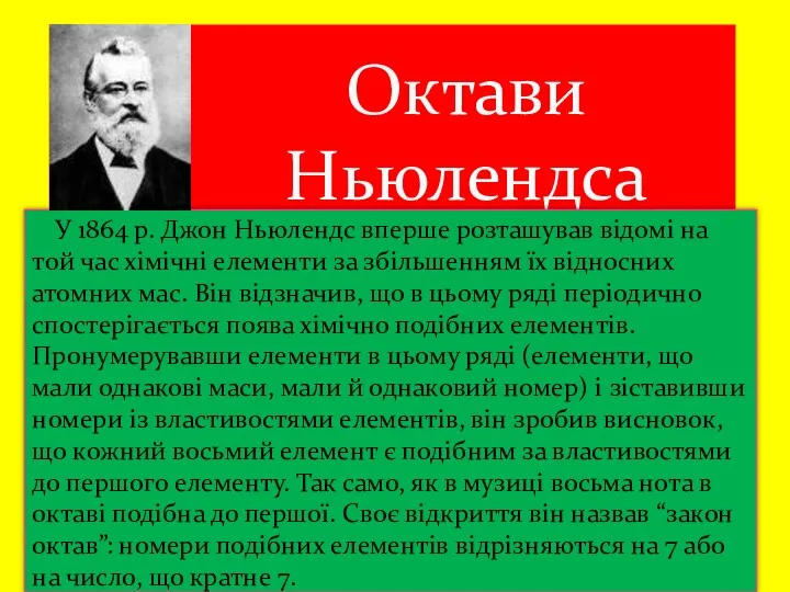 Октави Ньюлендса У 1864 р. Джон Ньюлендс вперше розташував відомі