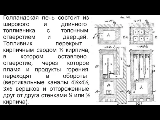 Голландская печь состоит из широкого и длинного топливника с топочным