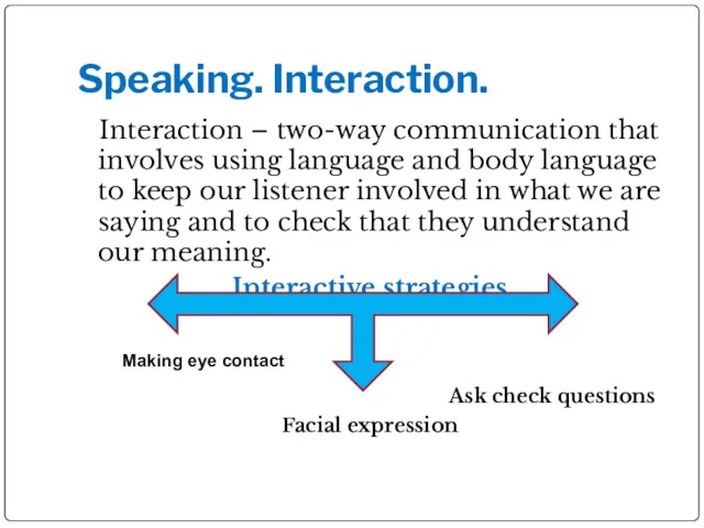 Speaking. Interaction. Interaction – two-way communication that involves using language