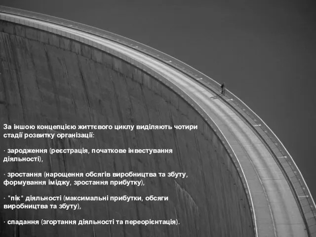 За іншою концепцією життєвого циклу виділяють чотири стадії розвитку організації: