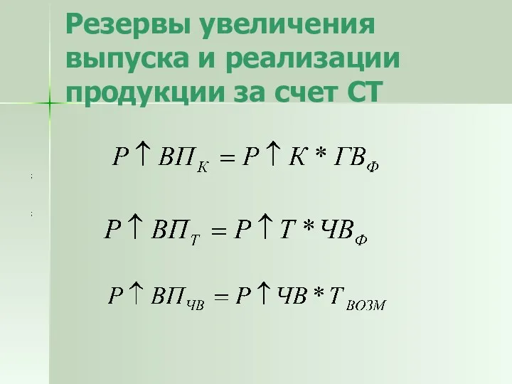 Резервы увеличения выпуска и реализации продукции за счет СТ ; ;