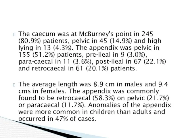 The caecum was at McBurney's point in 245 (80.9%) patients, pelvic in 45