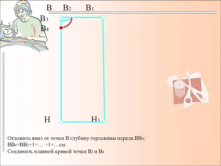 Отложить вниз от точки В глубину горловины переда ВВ4: ВВ4=ВВ2+1=…