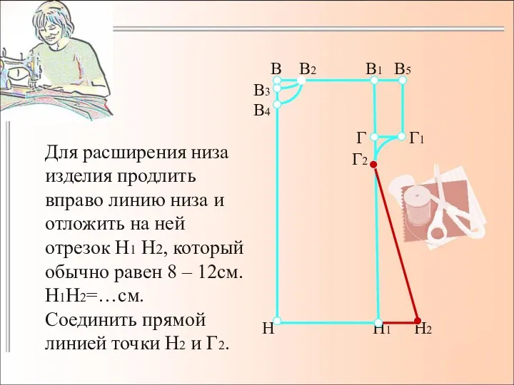 Для расширения низа изделия продлить вправо линию низа и отложить