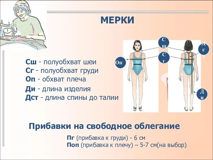 МЕРКИ Сш - полуобхват шеи Сг - полуобхват груди Оп