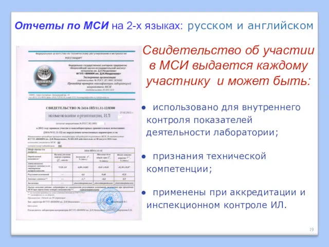 Отчеты по МСИ на 2-х языках: русском и английском Свидетельство об участии в