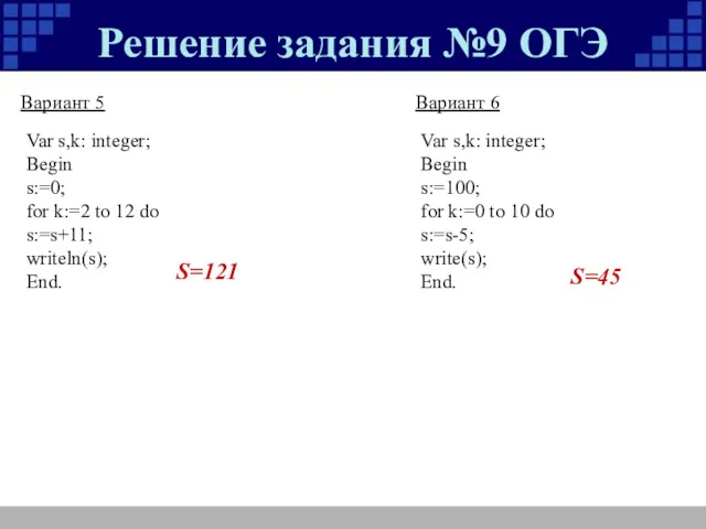 Решение задания №9 ОГЭ Var s,k: integer; Begin s:=0; for