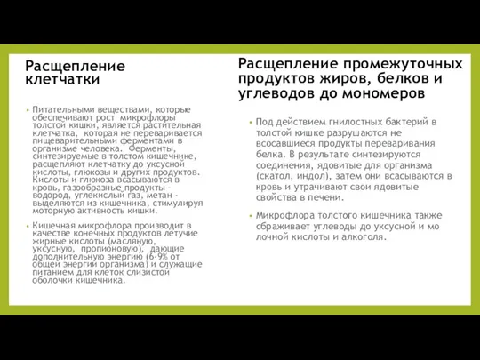 Расщепление клетчатки Питательными веществами, которые обеспечивают рост микрофлоры толстой кишки,