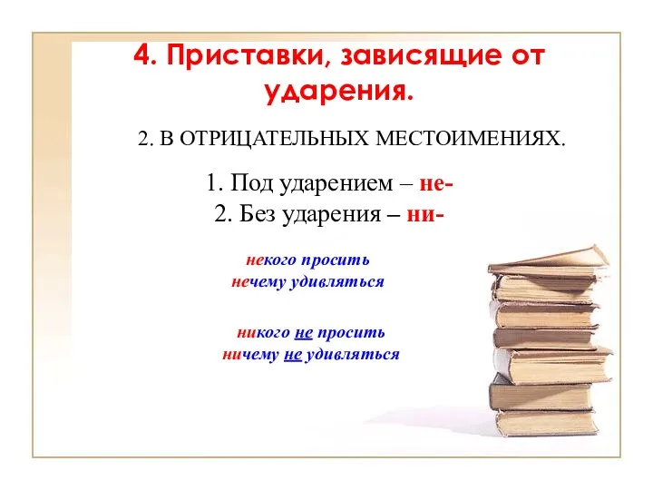 1. Под ударением – не- 2. Без ударения – ни-