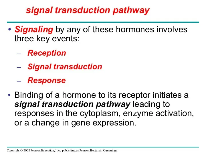 Signaling by any of these hormones involves three key events: Reception Signal transduction