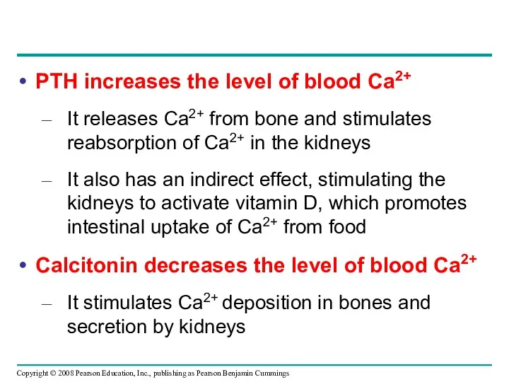 PTH increases the level of blood Ca2+ It releases Ca2+ from bone and
