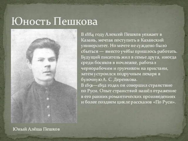 Юность Пешкова Юный Алёша Пешков В 1884 году Алексей Пешков