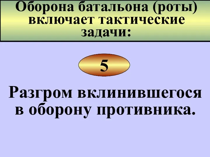 Разгром вклинившегося в оборону противника. 5 Оборона батальона (роты) включает тактические задачи: