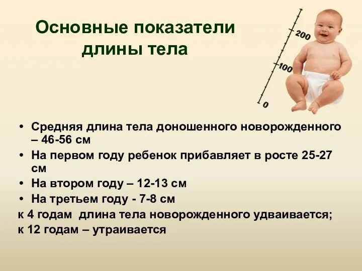 Основные показатели длины тела Средняя длина тела доношенного новорожденного –