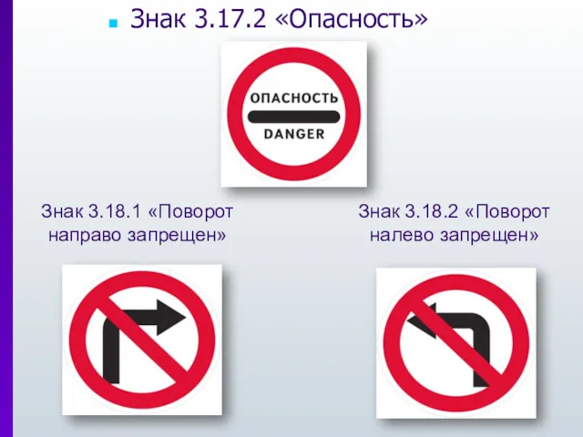 Знак 3.17.2 «Опасность» Знак 3.18.2 «Поворот налево запрещен» Знак 3.18.1 «Поворот направо запрещен»