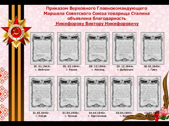 Приказом Верховного Главнокомандующего Маршала Советского Союза товарища Сталина объявлена благодарность
